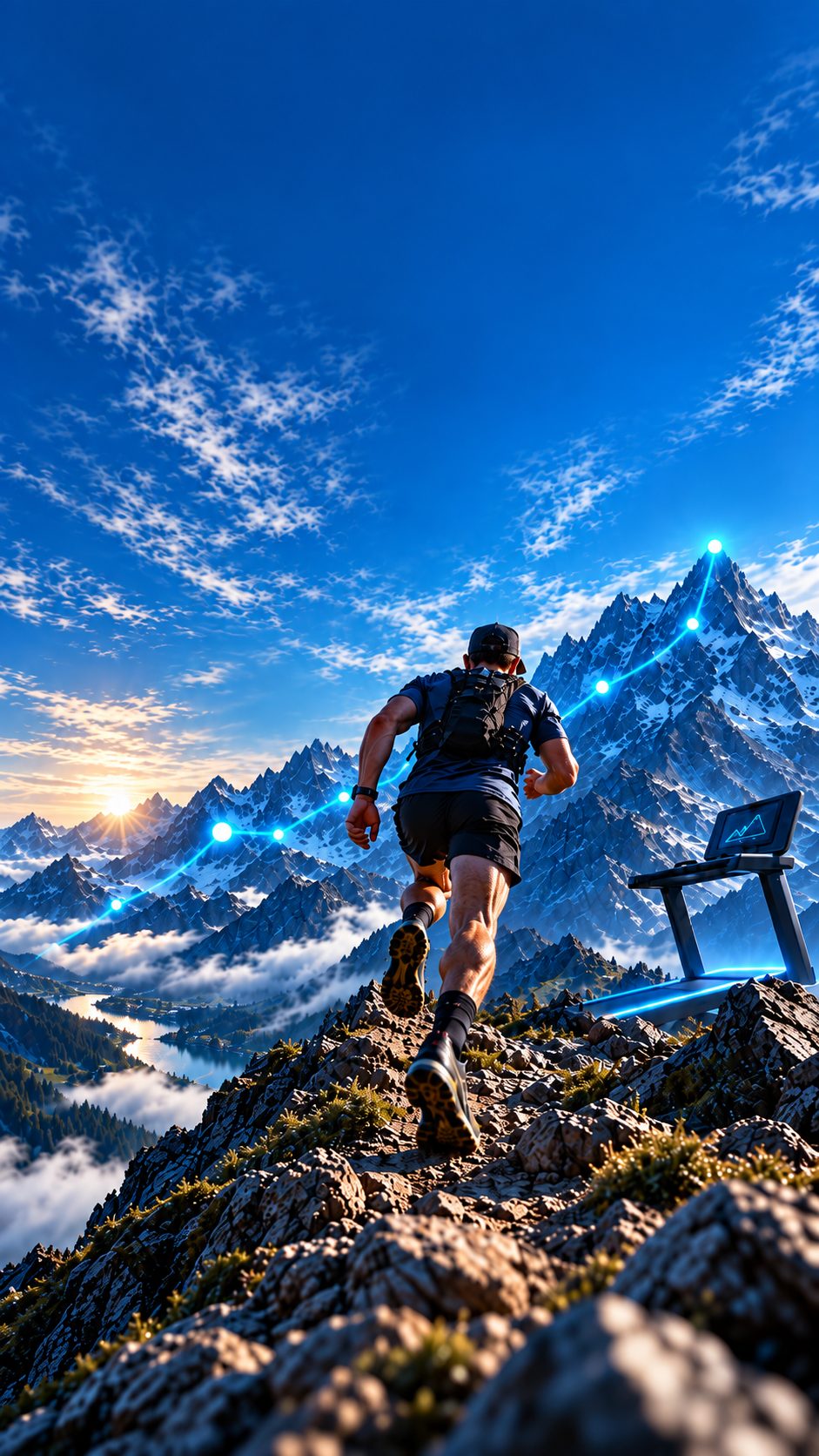 Trail runner on an alpine ridge at dawn above a sea of clouds.