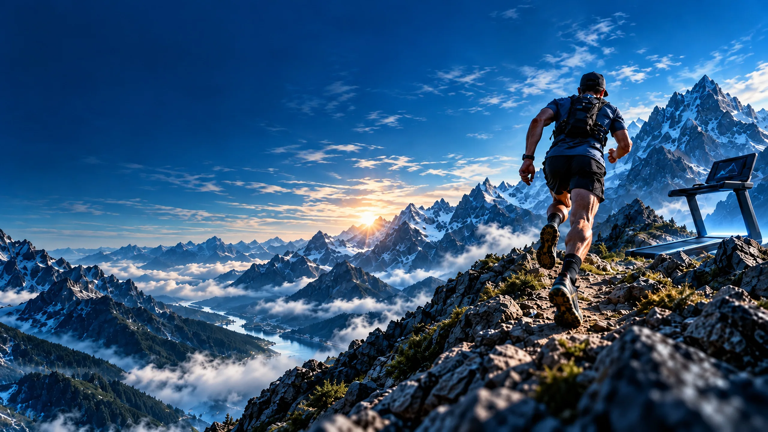 Corredor de trail ascendiendo por una cresta rocosa al amanecer, sobre un mar de nubes y montañas nevadas, junto a una cinta de correr con una gráfica en la pantalla.